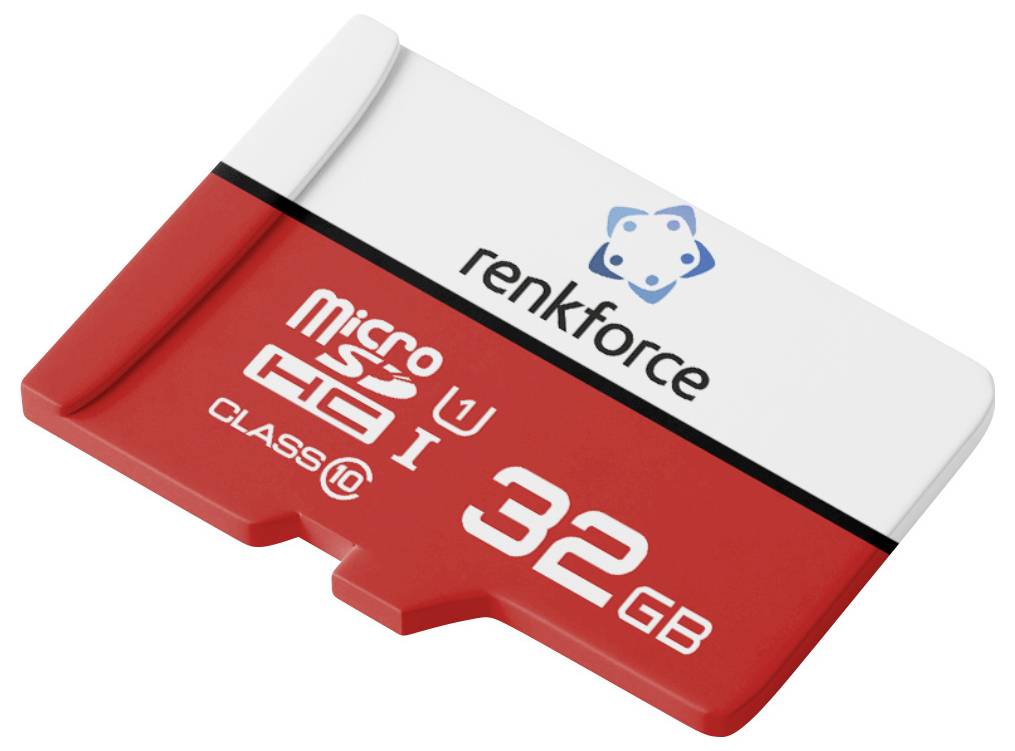 Renkforce 32 GB microSD-Speicherkarte, rot und weiß.