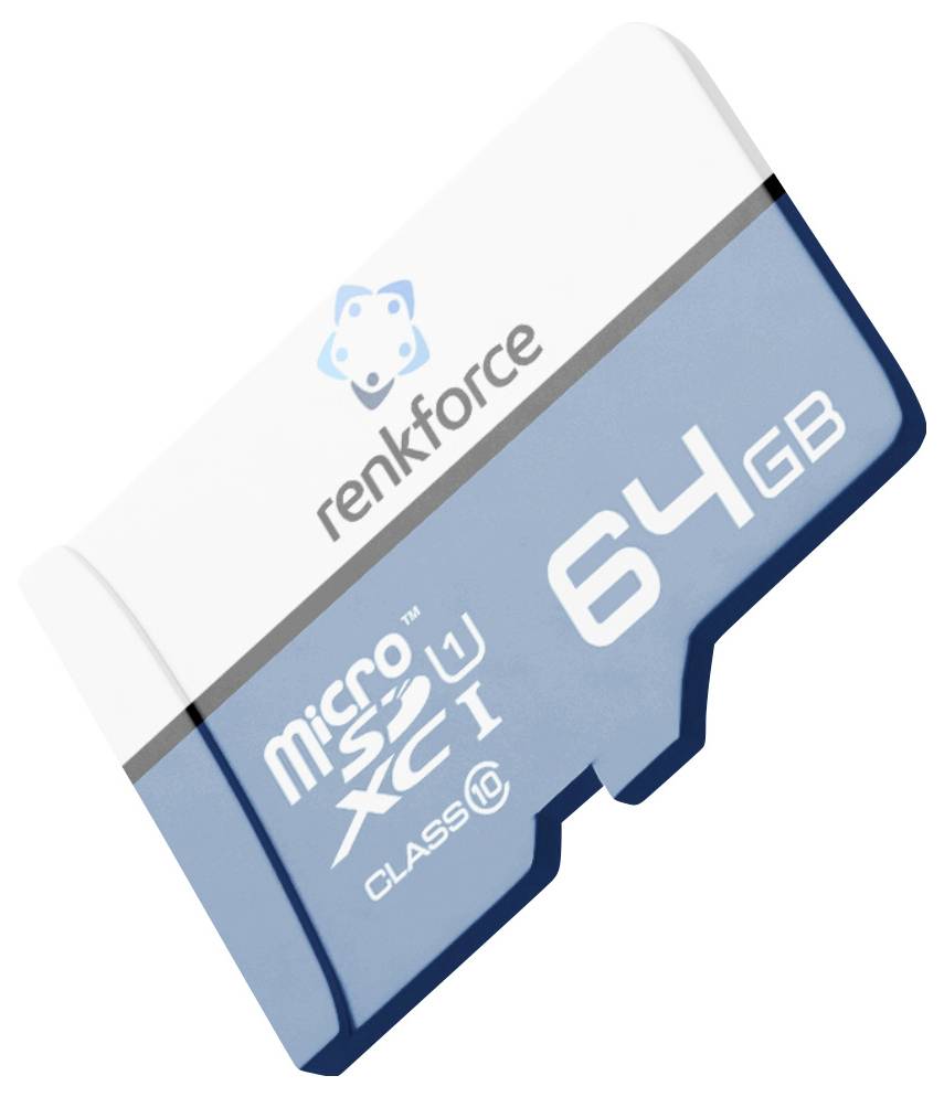 Renkforce 64GB microSDXC-Speicherkarte, blau und weiß, in Schrägansicht gezeigt.
