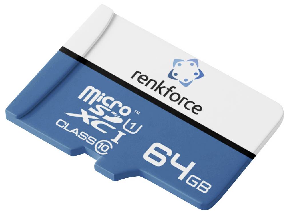 Blau-weiße 64-GB-microSDXC-Speicherkarte mit der Bezeichnung „renkforce