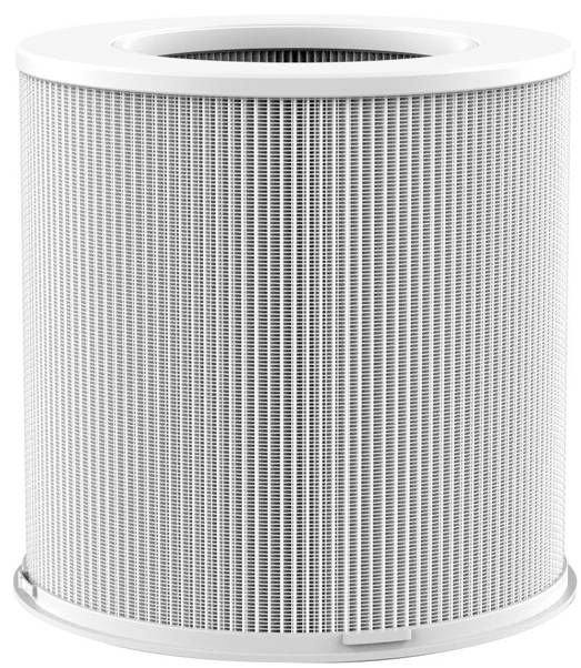 Weiße zylindrische Luftreiniger-Filterpatrone mit feinem Mesh an den Seiten und offener Oberseite, auf einfachem Hintergrund dargestellt.