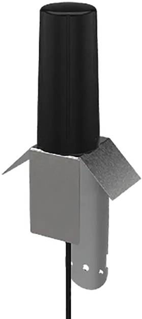 Eine schwarze und silberne Außenantenne mit einer vertikalen zylindrischen Form und Halterung, entworfen für den Empfang von Funksignalen.