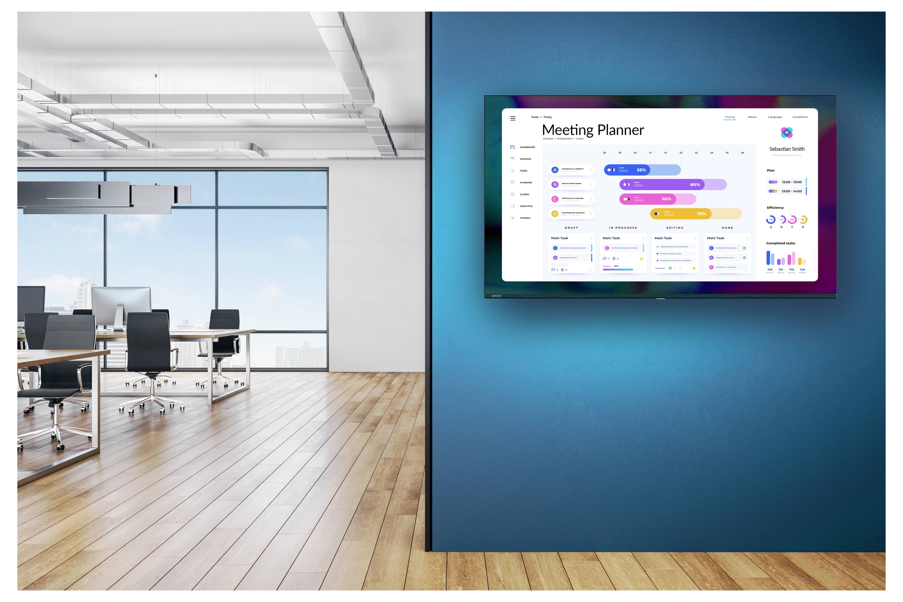 An der Wand montiertes Display zeigt ein „Meeting Planner