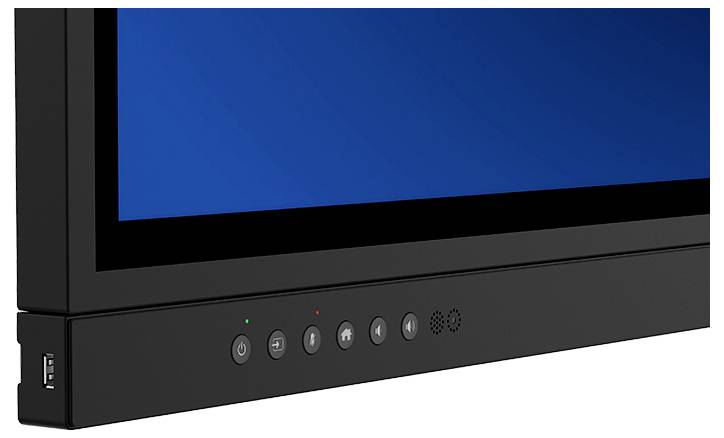 Nahaufnahme eines schwarzen Monitors oder Displays, das die untere Kante mit einer Reihe von Strom- und Steuerungsschaltflächen zeigt, einschließlich einer leuchtenden Anzeige.