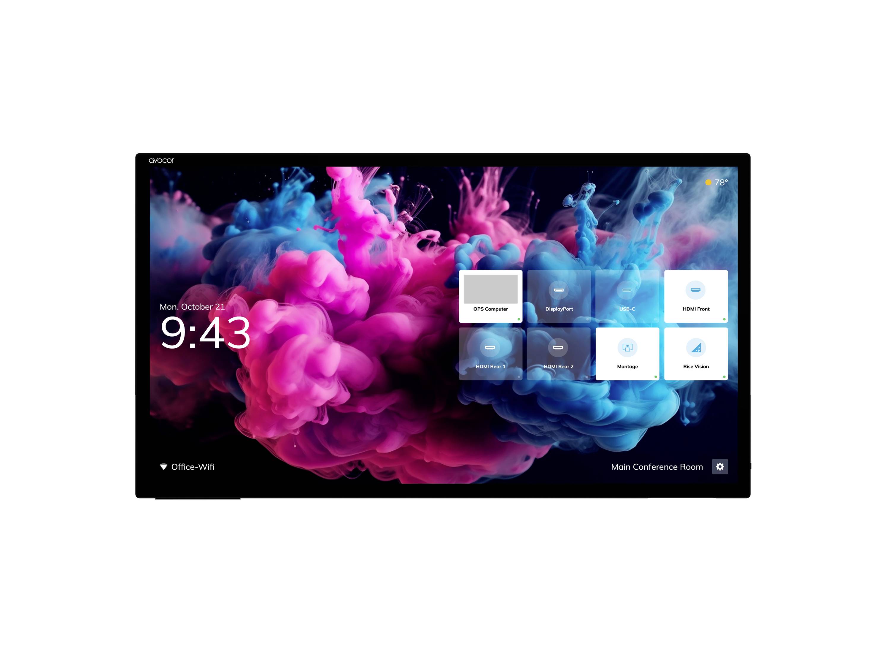 Ein Touchscreen-Raumanzeige zeigt 9:43 und Montag, 26. Oktober über einem rosa-blauen abstrakten Hintergrund mit Kacheln für Konferenzen, Bildschirmfreigabe, Whiteboard, Besprechung und Raumsteuerung.