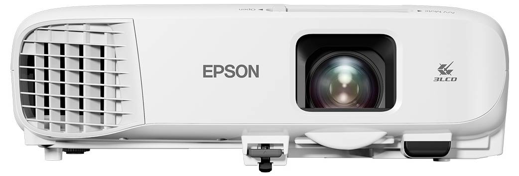 Weißer Epson-Projektor in Vorderansicht mit zentriertem Objektiv und Lüftungsgitter auf der linken Seite, isoliert auf weißem Hintergrund.