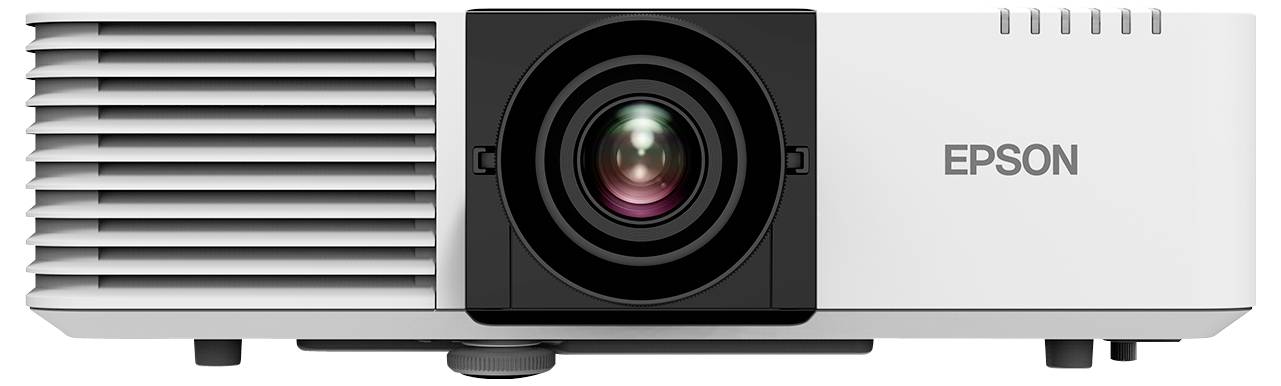 Frontansicht eines Epson-Projektors mit großer zentraler Linse, belüftetem Gitter auf der linken Seite und weißem Gehäuse auf der rechten Seite.