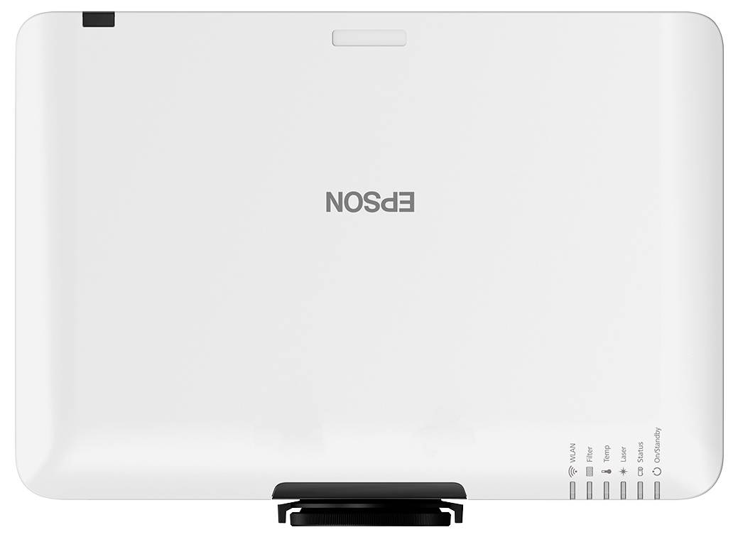 Draufsicht auf einen weißen Epson-Drucker-/Scanner-Deckel mit dem zentrierten Epson-Logo und Steuersymbolen unten rechts.