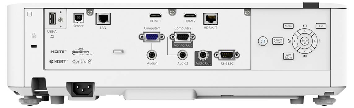 Rückansicht eines Projektors mit Anschlussanschlüssen für USB-A, Service, LAN, HDMI, HDBT, VGA-Computereingänge, Audio-Ein-/Ausgänge, RS-232C und Steuerknöpfe.