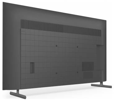 Rückansicht eines Flachbild-Fernsehers auf zwei Standfüßen, die die Rückseite mit Lüftungsöffnungen, Anschlüssen und Befestigungspunkten zeigt.