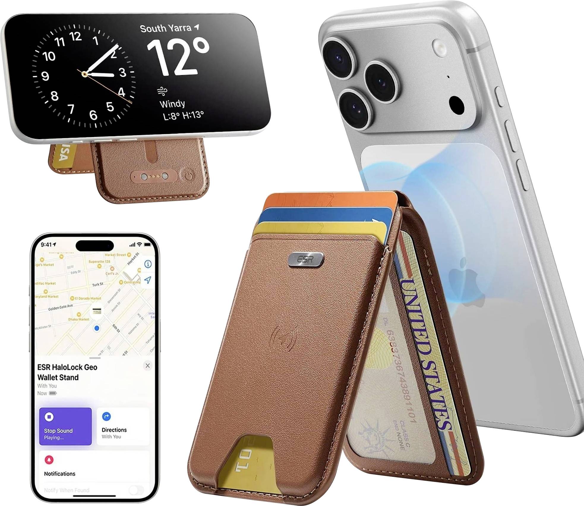 iPhone mit Ledergeldbörsen-Ständer und Kartenhalter, gezeigt im Einsatz für MagSafe-Laden und Navigation, mit hervorgehobenen Funktionen der Telefonanzeige und des Geldbörsen-Zubehörs.