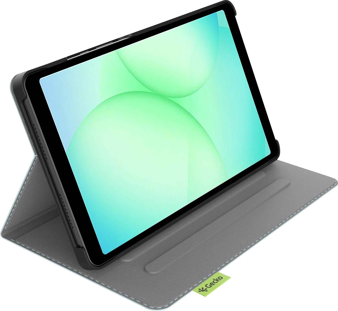 Tablet in einem grauen Folio-Case mit integriertem Ständer, offen und angewinkelt auf weißem Hintergrund dargestellt.