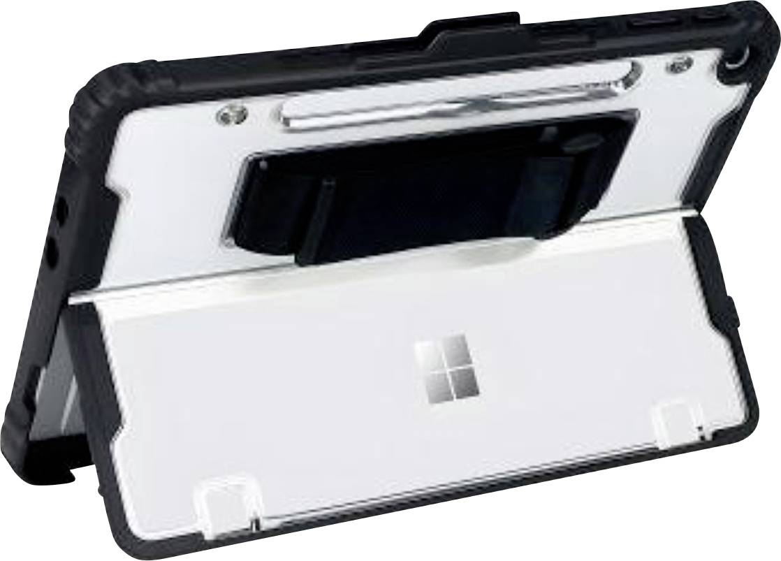 Ein weißes Microsoft-Tablet in einer schwarzen Schutzhülle, von hinten fotografiert mit sichtbarem Ständer und hinterer Kamera.