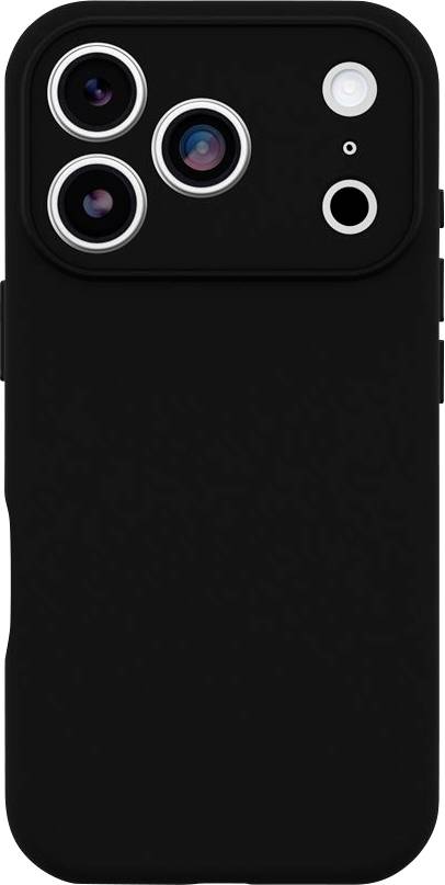 Schwarze Smartphone-Hülle mit drei großen Kameraausschnitten und Blitz-/Öffnung oben links, dargestellt auf einfarbigem Hintergrund.