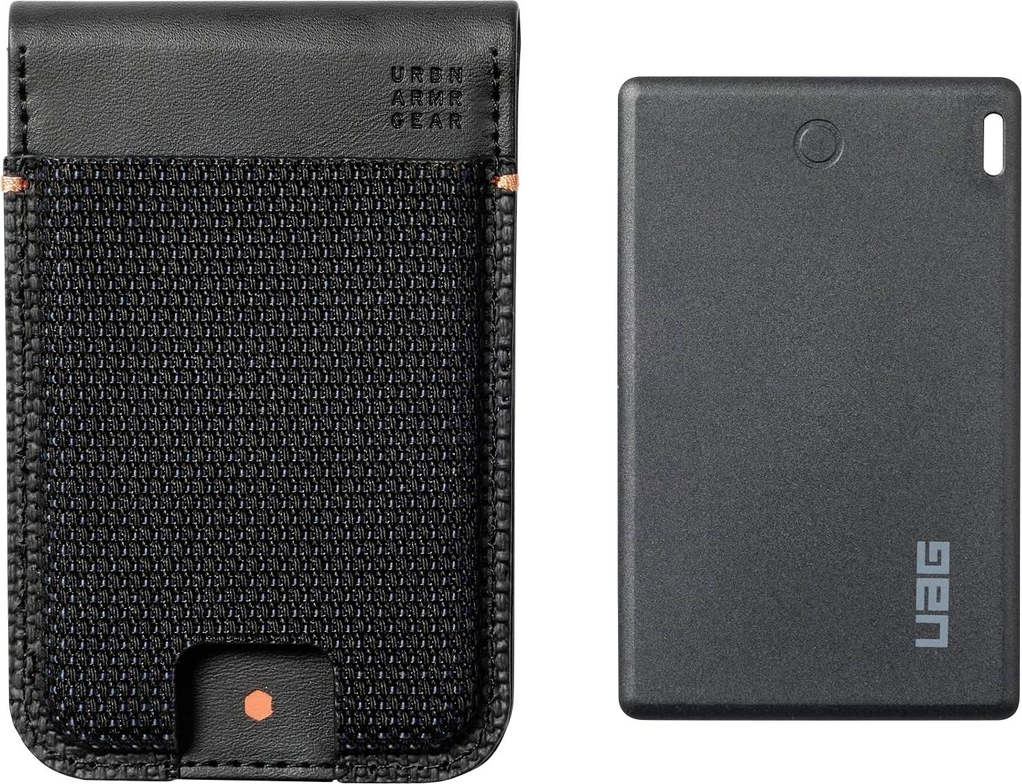 Schwarze Handyhülle mit strukturierter Vorderseite und kleiner orangefarbener Zuglasche, gezeigt neben einem passenden schlanken Rückcover.