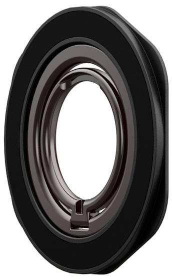 Schwarze kreisförmige mechanische Dichtung oder Lager mit zentraler Öffnung, in Nahaufnahme auf weißem Hintergrund dargestellt.