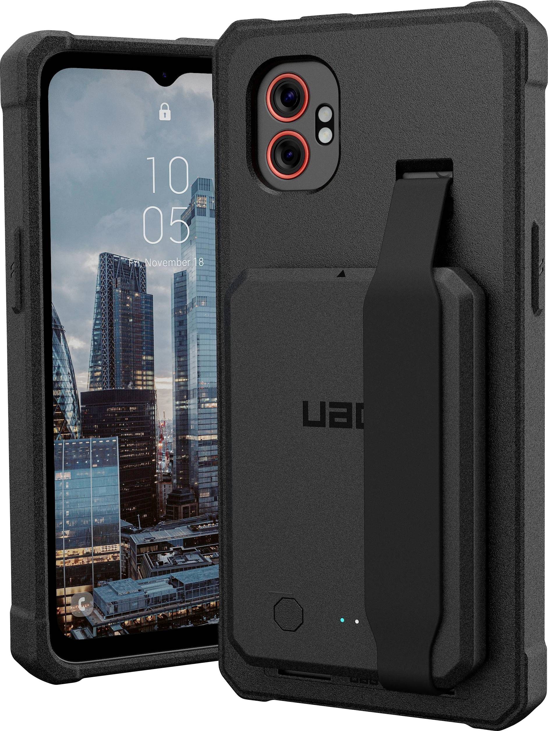Schwarze robuste Schutzhandyhülle mit integriertem Ständer und Kameraaussparungen, dargestellt auf einem Telefon mit Stadtsilhouetten-Hintergrundbild.