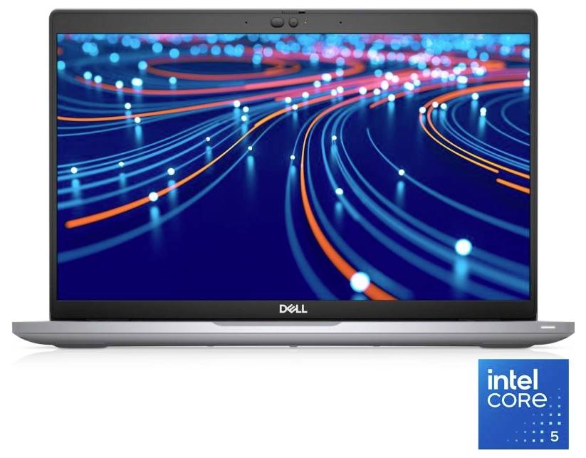 Laptop mit einem farbenfrohen, abstrakten Lichtmuster auf dem Bildschirm, das wirbelnde blaue und rote Linien zeigt. Intel Core i5 Logo in der Ecke.