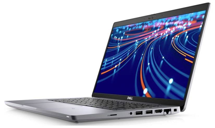 Ein schlanker, offener Laptop mit einem lebendigen Bildschirm, der blaue und rote wirbelartige Lichtmuster zeigt, was fortschrittliche Technologie und Konnektivität andeutet.