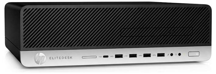 Ein schwarzer und silberner HP EliteDesk Desktop-Computer mit mehreren USB-Anschlüssen und einem Netzschalter auf der Frontplatte.