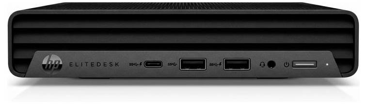 Ein schwarzer HP EliteDesk Mini-Desktop-Computer mit USB-, Audio-, HDMI- und Stromschaltern auf der Frontplatte für Konnektivität und Steuerung.