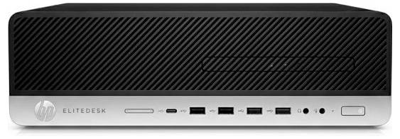 HP EliteDesk Desktop-Computer mit USB-Anschlüssen, Audiobuchsen und Stromschalter auf der Frontblende, konzipiert für kompakte Verwendung.