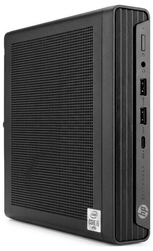 Ein kleiner, schwarzer HP-Desktop-Computer-Tower mit einer Intel Core i5-Prozessor-Beschriftung, mit USB-Anschlüssen an der Vorderseite und einem Ein-/Ausschalter.