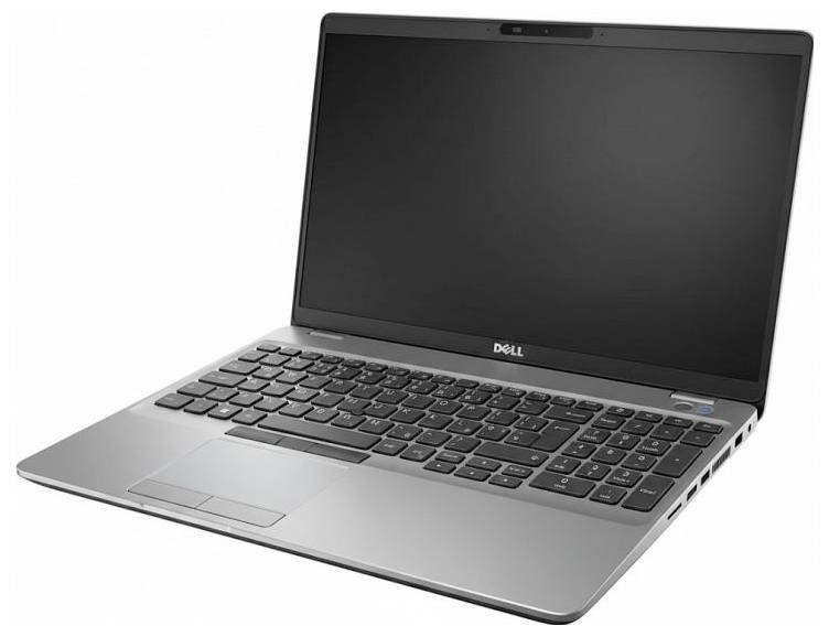 Ein silberner Laptop mit schwarzer Tastatur und Bildschirm, angewinkelt, um das Markenlogo zu zeigen. Er zeigt mehrere Anschlüsse auf der rechten Seite.