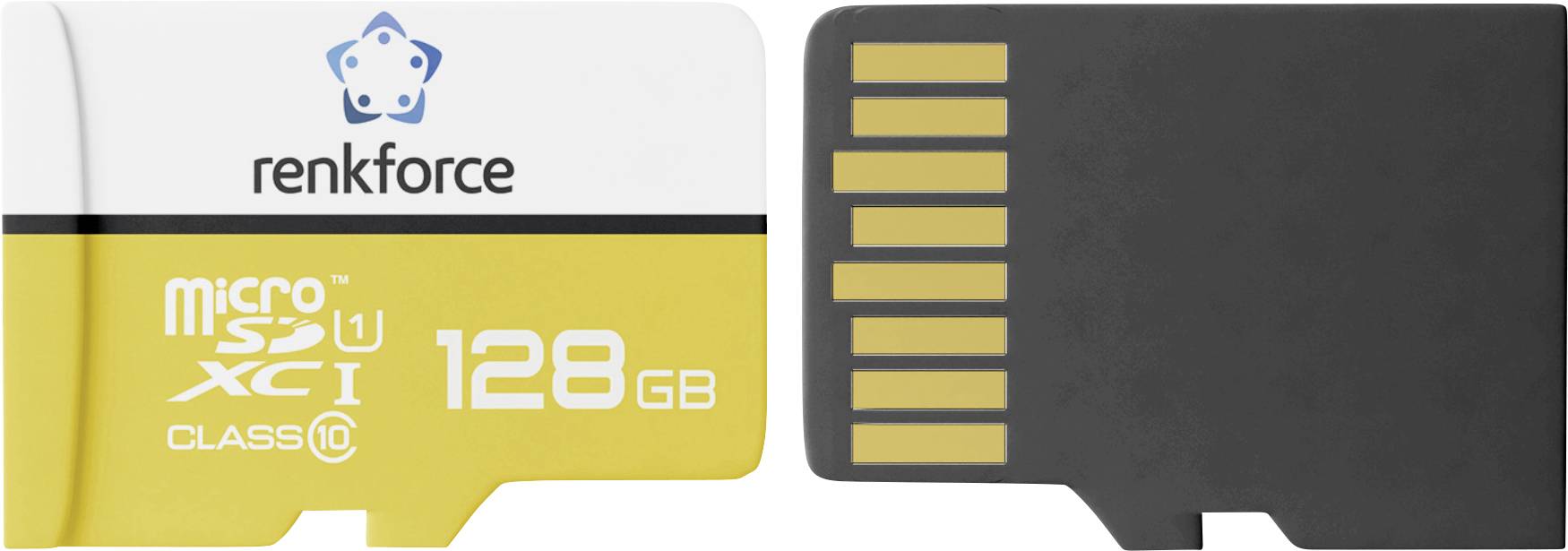 MicroSD-Speicherkarte mit Renkforce-Branding, UHS-I, Klasse 10 und 128 GB Kapazität, mit goldenem Kontaktbereich auf einer schwarzen Karte.