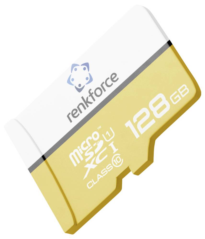 Eine 128-GB-Renkforce-microSD-Speicherkarte auf weißem Hintergrund.
