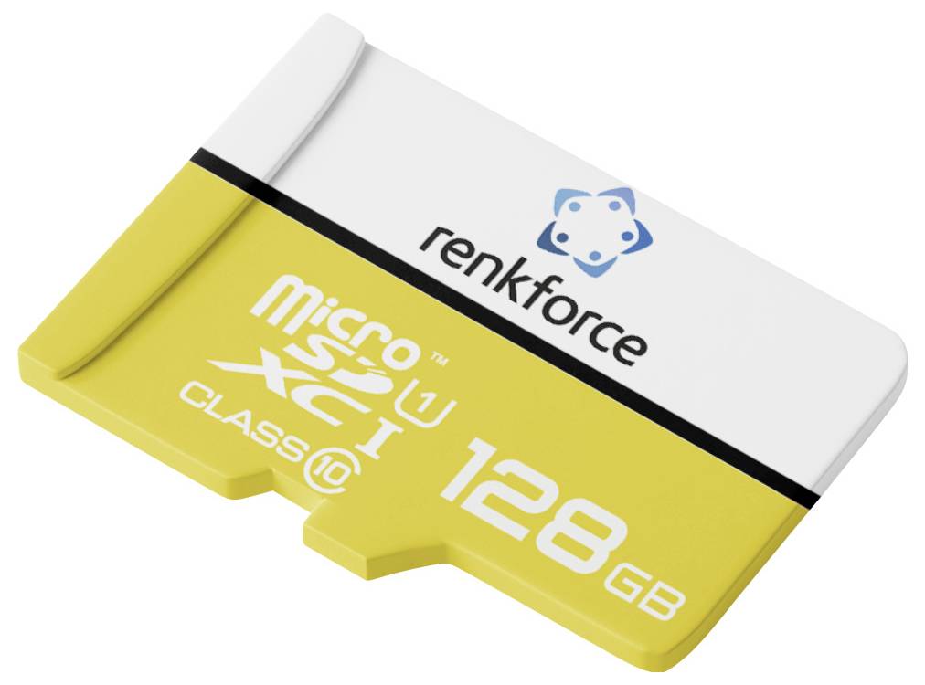 Eine gelb-weiße Renkforce microSDXC-Speicherkarte mit der Bezeichnung „128 GB