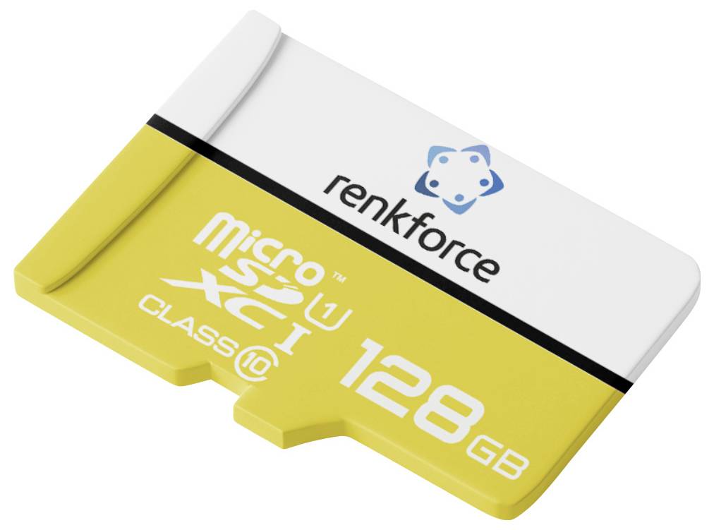 Eine weiß und gelbe Renkforce microSDXC-Speicherkarte mit der Aufschrift 