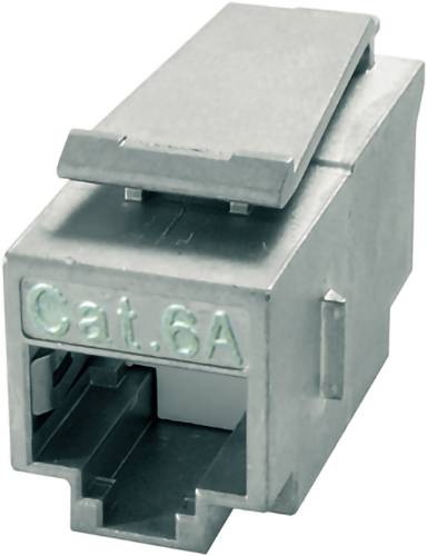 Ein graues Cat.6A Ethernet Keystone-Jack-Modul mit RJ45-Anschluss und Auflegewerkzeug-Kappe.
