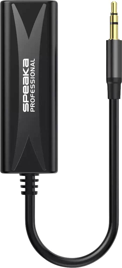 Schwarzes Speak Professional Profi-Audioadapterkabel mit 3,5-mm-Stecker und Inline-Steuermodul mit der Bezeichnung „Speak Professional