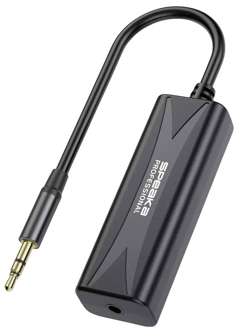 Schwarzer Sabrent Audio-Adapter mit kurzem Kabel und 3,5-mm-Stecker, zum Anschließen von Kopfhörern oder Lautsprechern verwendet.