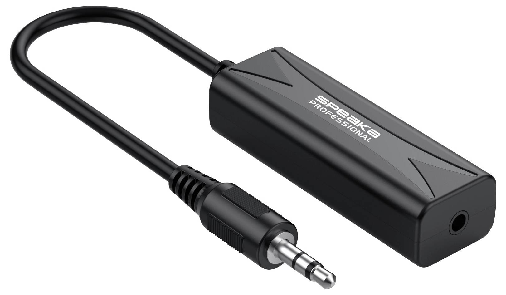 Schwarzer 3,5-mm-Audio-Adapter-Dongle mit kurzem Kabel und Stecker, gekennzeichnet mit „SPEAQUA PROFESSIONAL