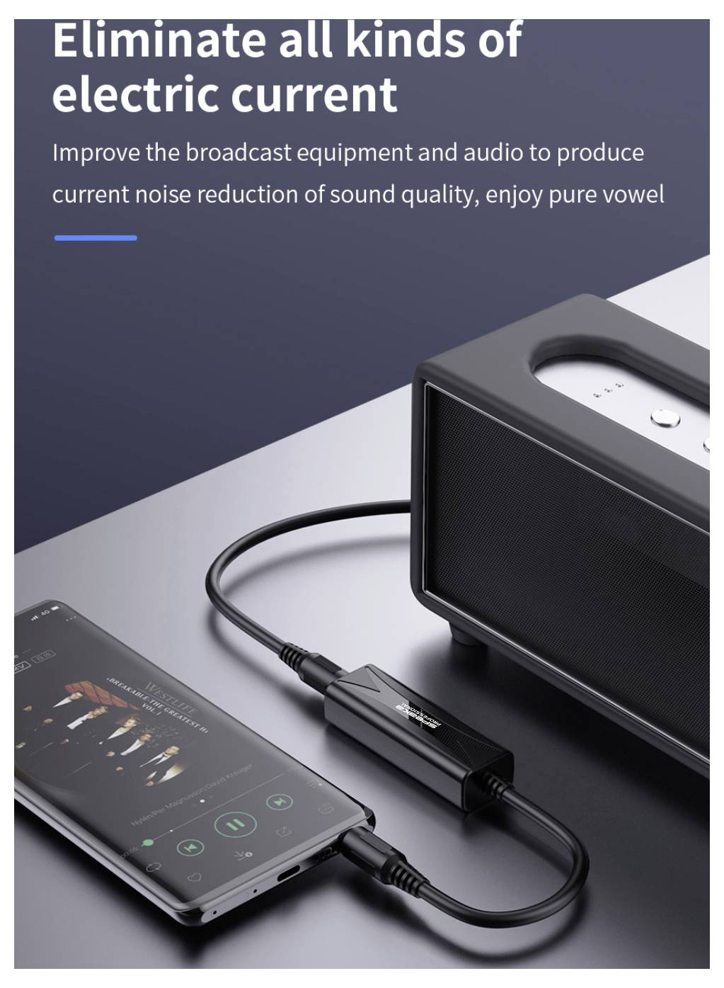 Werbebild eines Audiogeräts, das über ein Kabel mit einem Smartphone verbunden ist, mit Text über die Beseitigung von elektrischem Stromrauschen für einen saubereren Klang.