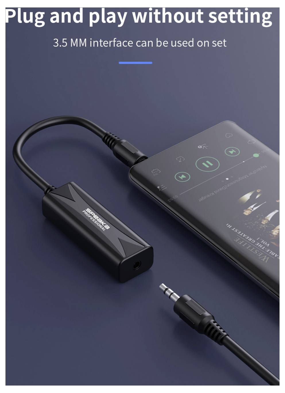 Bewerbungsbild eines 3,5-mm-Plug-and-Play-Audioadapters, der mit einem Smartphone verbunden ist, mit dem Text „Stecker und fertig ohne Einstellung