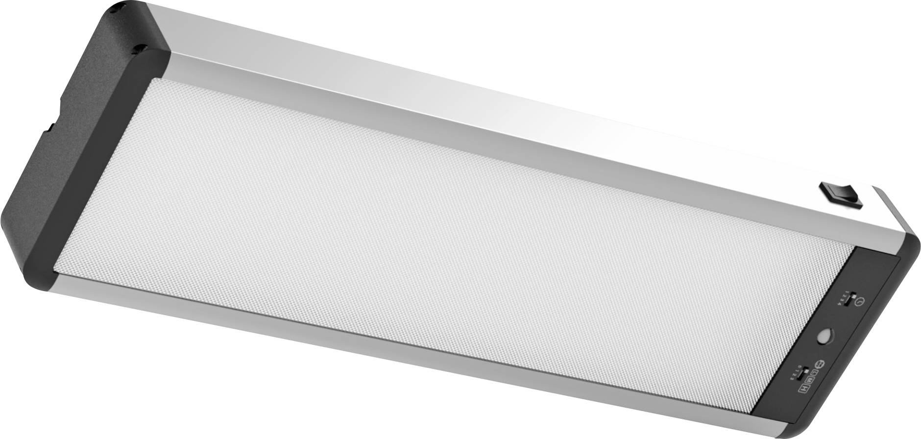 Eine rechteckige LED-Leuchte mit einem weißen Diffuserpanel und einem schwarzen Schalter an einem Ende, konzipiert für die Decken- oder Wandmontage.