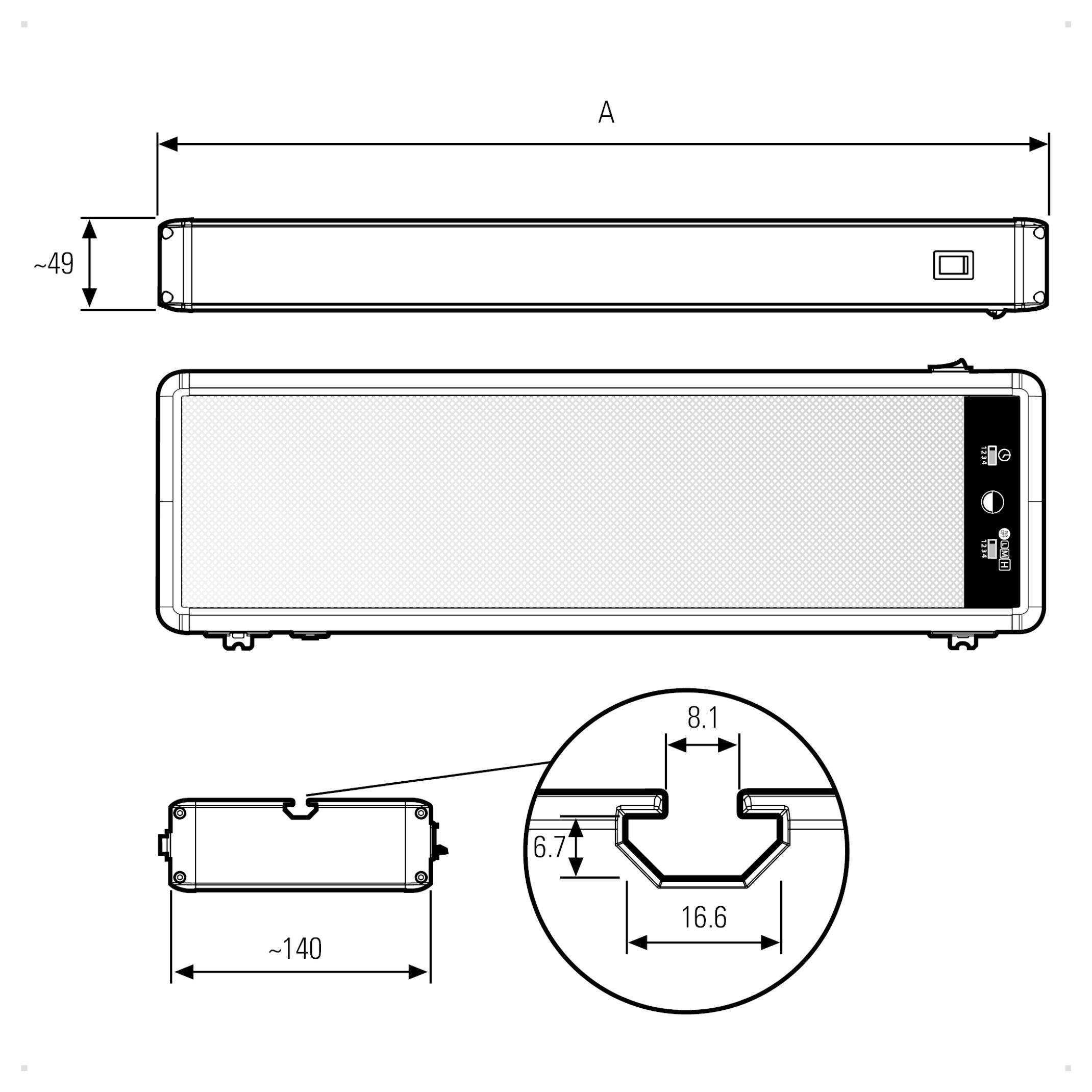 Diagramm zeigt ein rechteckiges Objekt mit der Bezeichnung A und den Abmessungen 49x140. Enthält eine Nahaufnahme eines Abschnitts mit Innenmaßen von 8,1, 6,7 und 16,6.