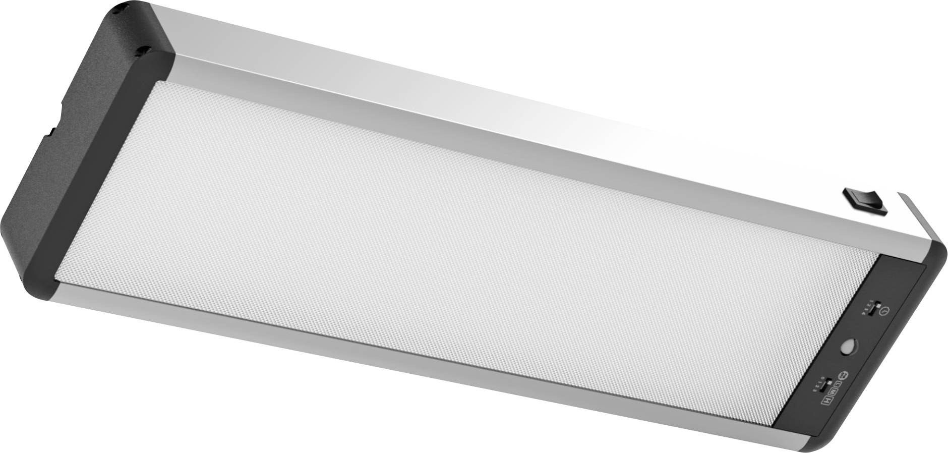 Ein rechteckiges LED-Panel mit schwarzem Rahmen, Stromschalter und Anschlüssen an der Seite, entwickelt für Decken- oder Wandmontage-Beleuchtung.