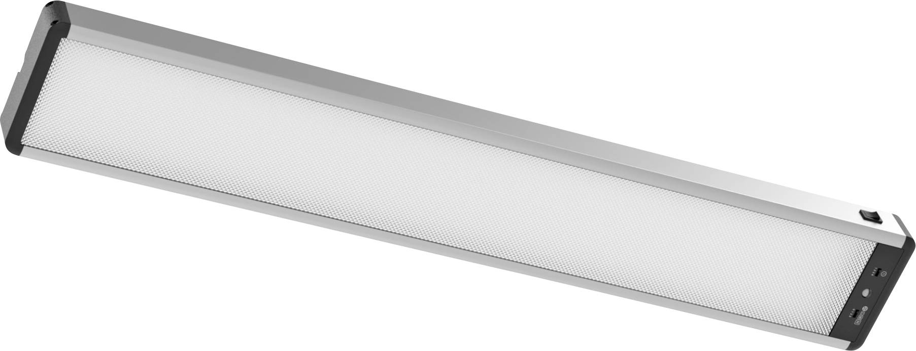 Eine lange, rechteckige LED-Leuchte mit silbernem Rahmen und weißem Diffusor, konzipiert für die Deckenmontage im Innenbereich.
