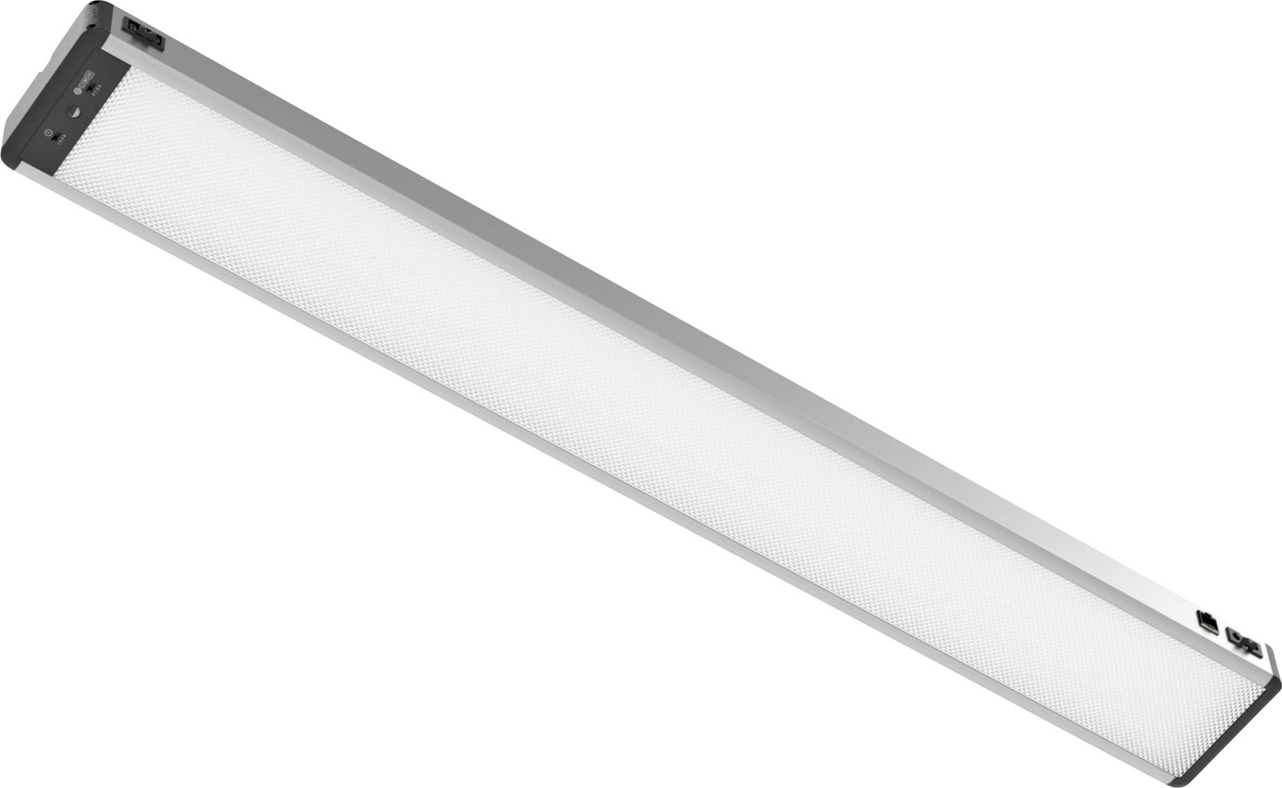 Ein rechteckiges, an der Decke montiertes LED-Leuchtenelement mit schlankemmodernem Design, mit silbernem Rahmen und weißem Lichtpanel.