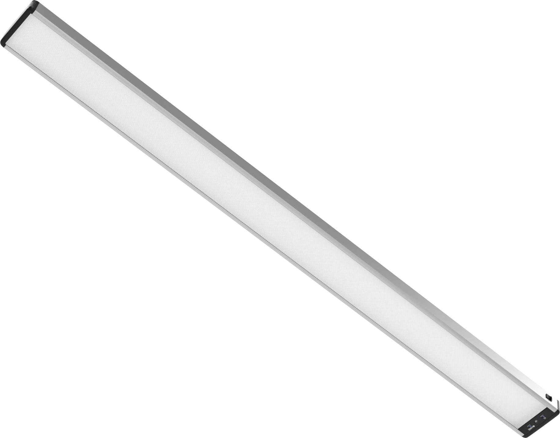Eine rechteckige LED-Leuchte mit schlankem, minimalistische Gestaltung. Sie hat einen langen weißen Diffusor, der in einem silbernen Rahmen eingefasst ist.