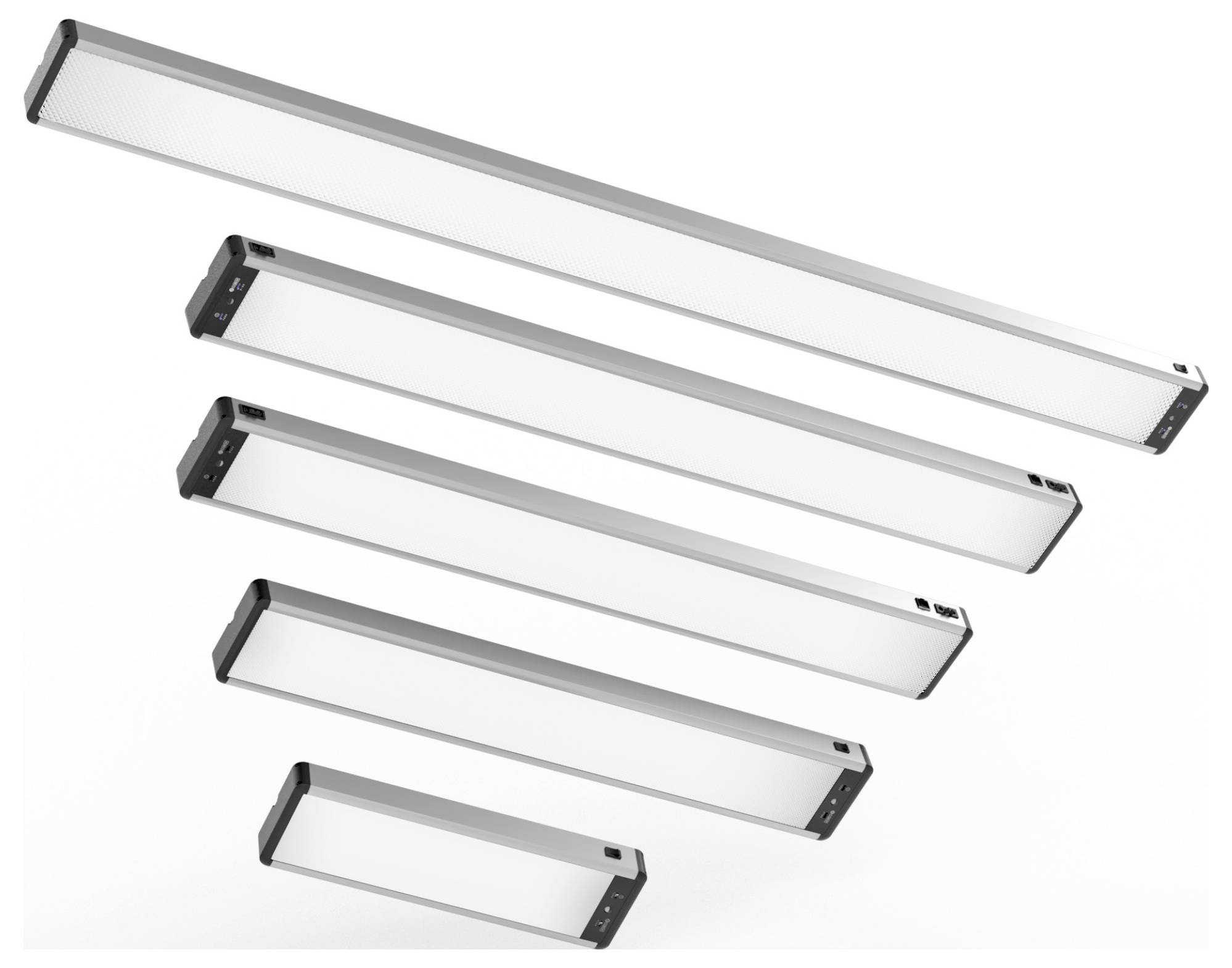 Rechteckige LED-Leuchten in absteigenden Größen diagonal angeordnet.