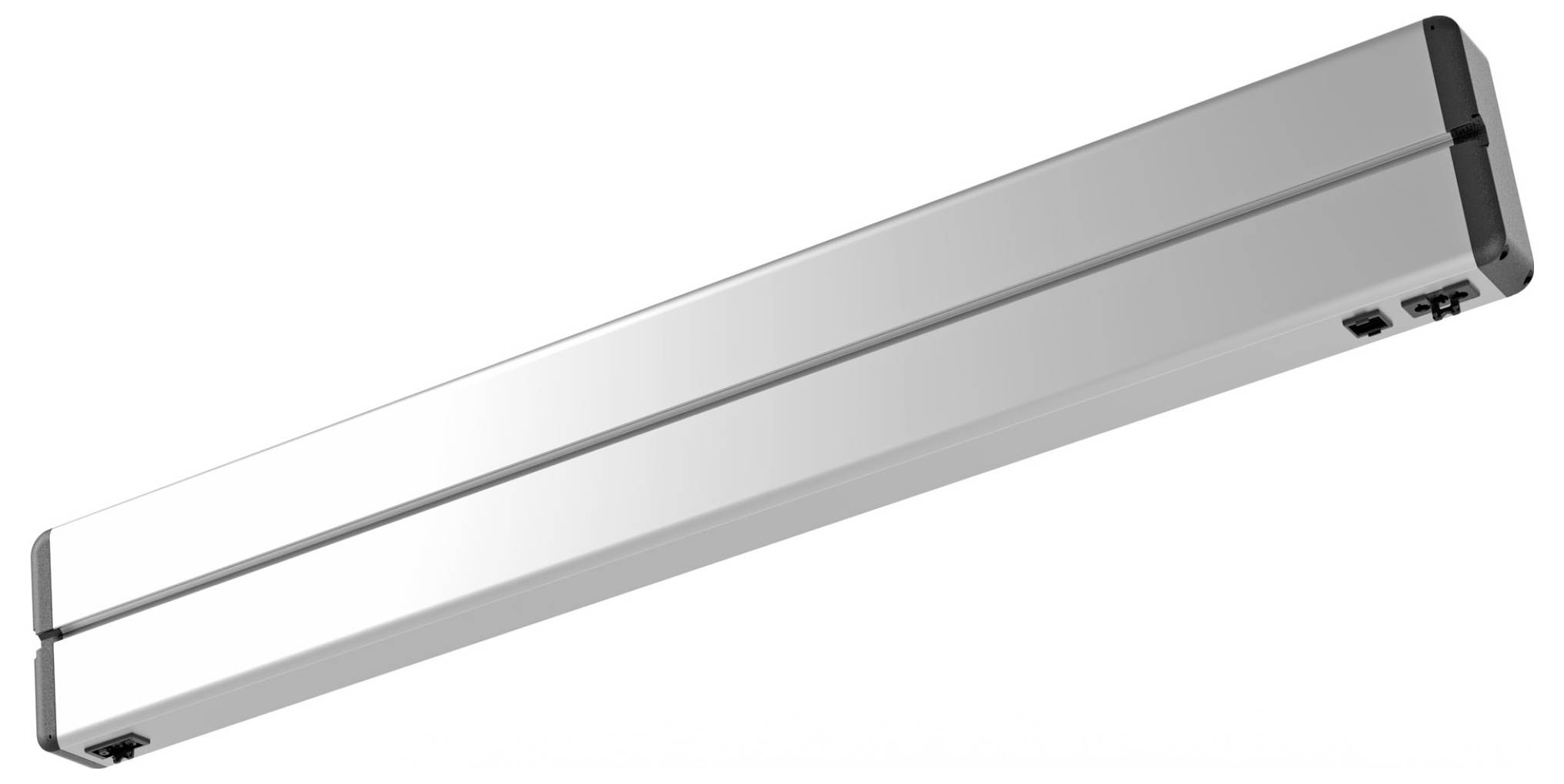 Eine schlanke, silberne, rechteckige LED-Leuchte, aus einem Winkel gezeigt, die ihr modernes Design und die Montageklammern an den Enden hervorhebt.
