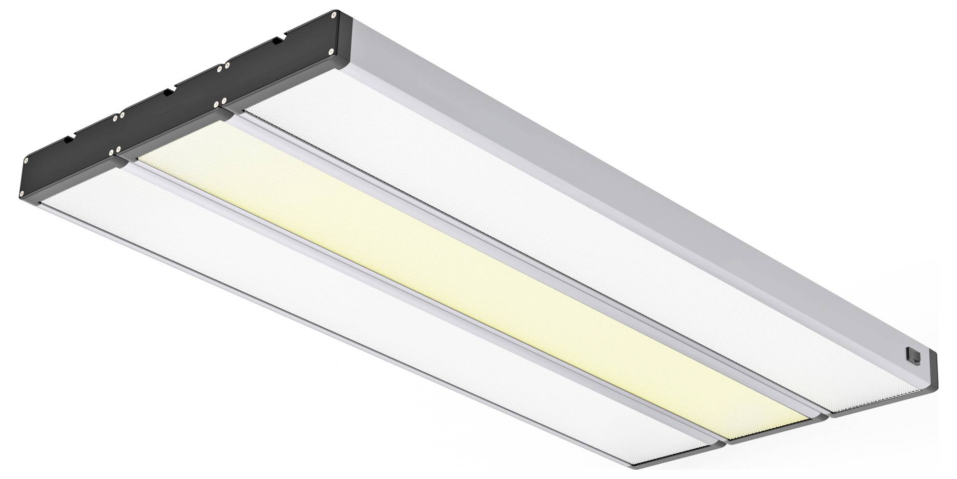 Ein rechteckiges LED-Panellicht mit einem zentralen beleuchteten Streifen und einem silbernen Rahmen, von unten in einem Winkel betrachtet, wahrscheinlich für die Deckenmontage.