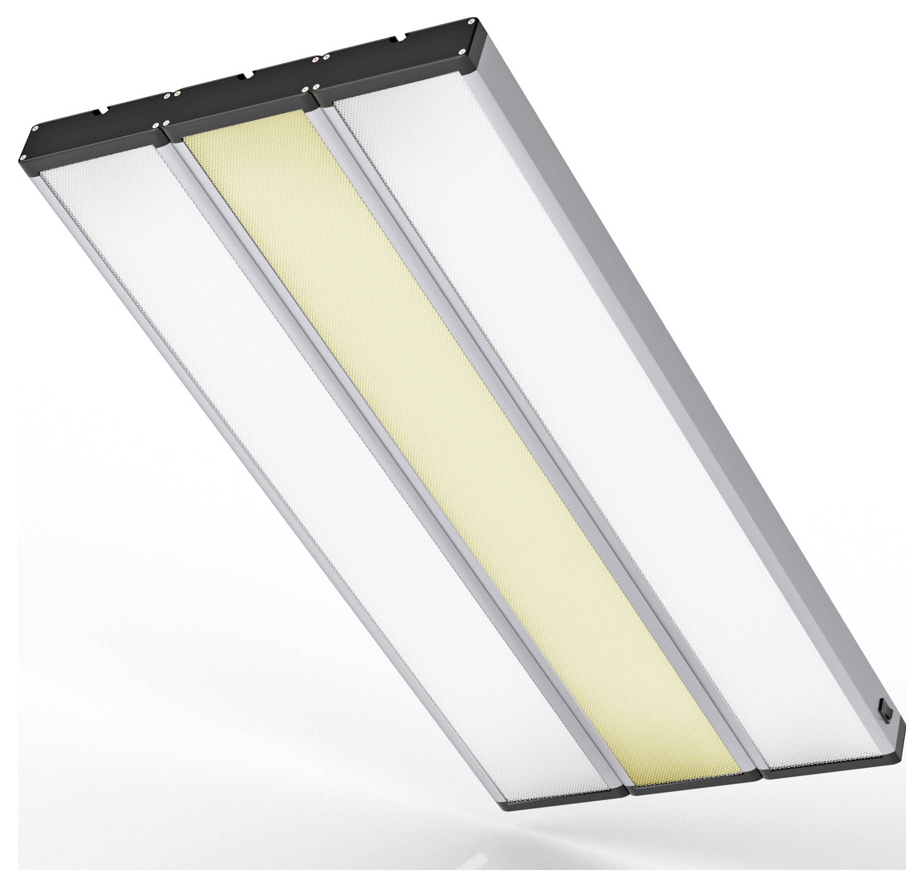 Eine rechteckige LED-Deckenleuchte mit drei Paneelen, zwei weiß und eine in Gelb beleuchtet, vor einem einfarbigen Hintergrund.