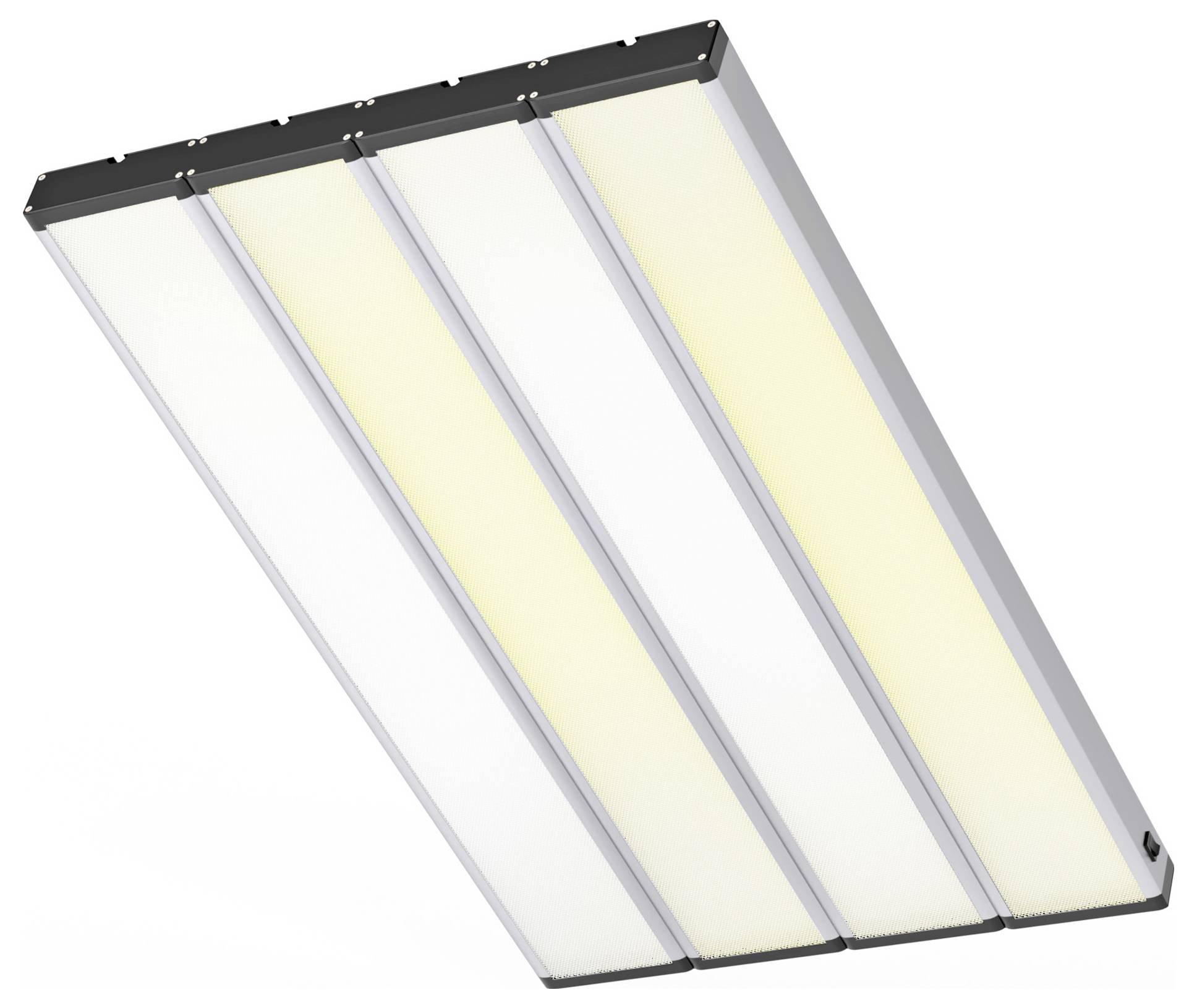 Eine moderne LED-Paneelleuchte mit vier leuchtenden Abschnitten, die zur Deckenmontage in gewerblichen oder industriellen Räumen konzipiert ist.