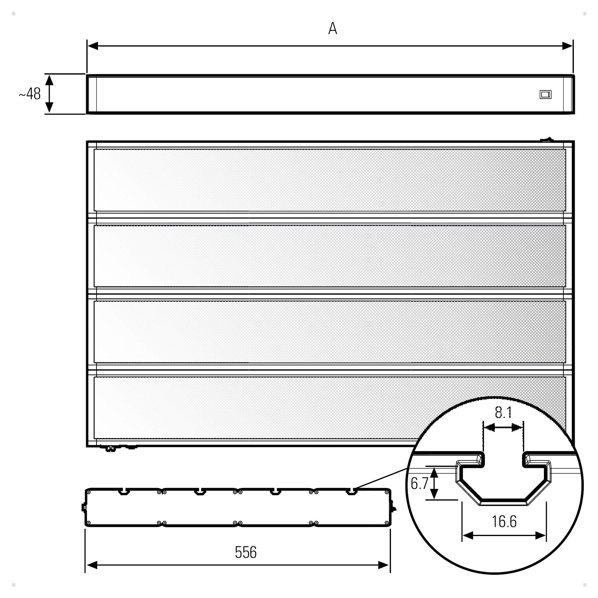 Technische Zeichnung einer Panelgruppe mit Abmessungen. Hauptpanelbreite beträgt 556 mm, Höhe 48 mm. Detaillierte Ansicht zeigt den Profilschnitt.