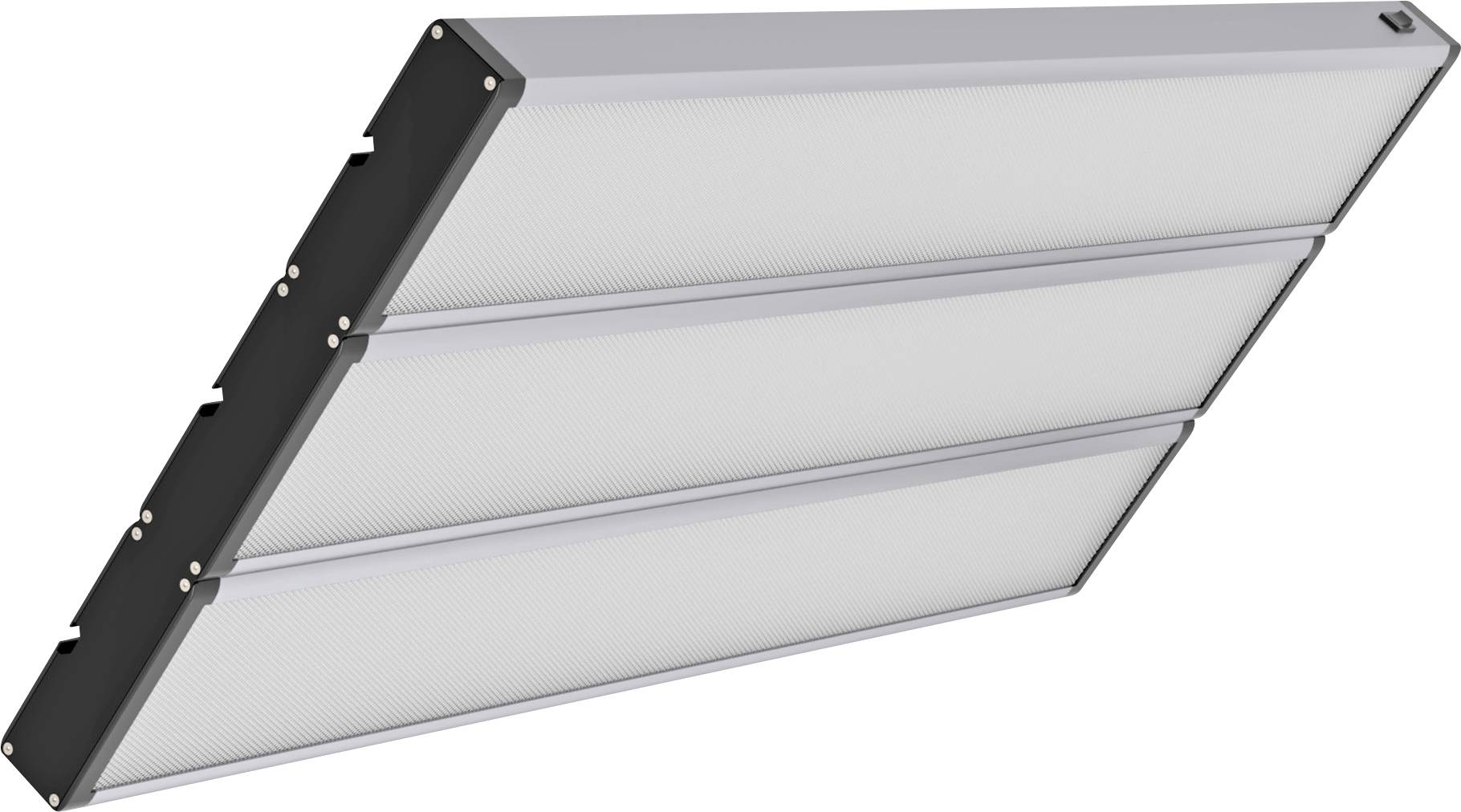 Rechteckiges LED-Panellicht mit drei länglichen Abschnitten, für die Deckenmontage konzipiert, mit modernem, minimalistische Design.